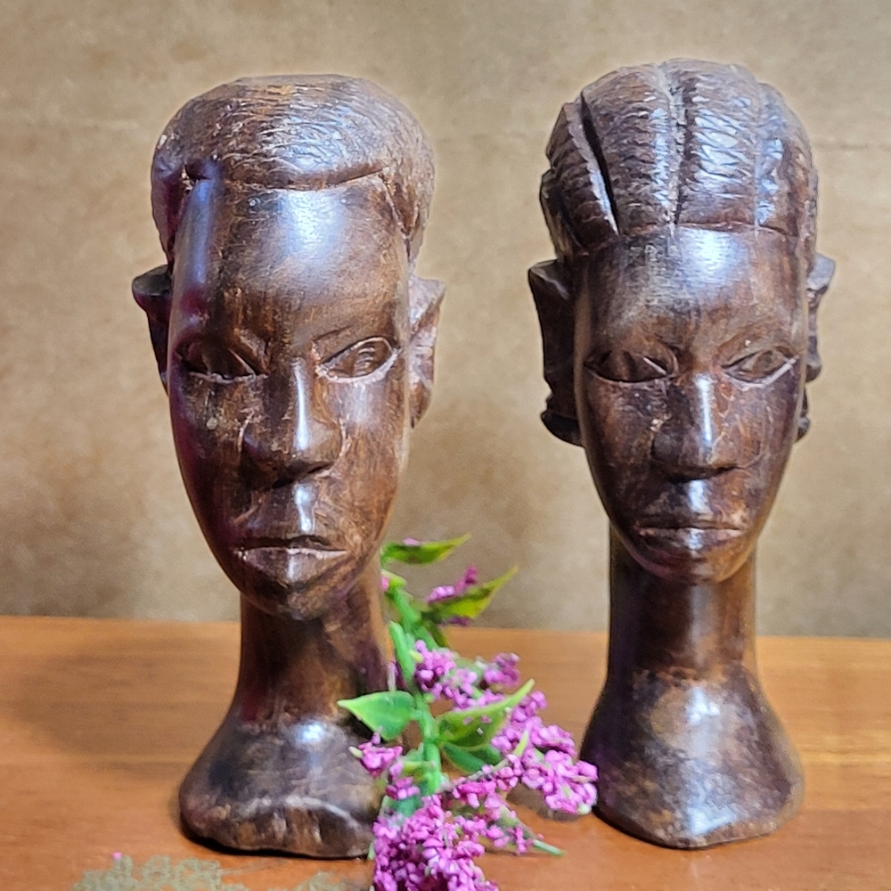 Vintage Pair of Hand Carved Wooden African Man and Woman Head Busts